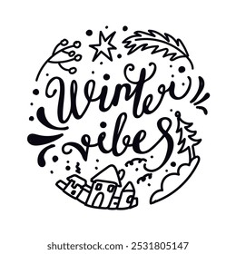 Letras hechas a mano con decoración de invierno. Negro sobre blanco. Ilustración vectorial en estilo doodle	
