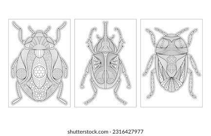 Handmade Line Art Bug Insect Theme Coloring Pages for Adults Graphic Design Template. Relaxing Page. Stress Relief Vector for Coloring.