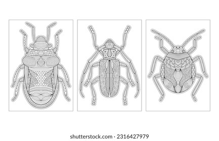 Handmade Line Art Bug Insect Theme Coloring Pages for Adults Graphic Design Template. Relaxing Page. Stress Relief Vector for Coloring.