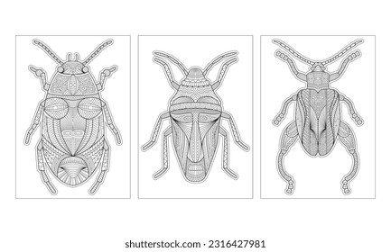 Handmade Line Art Bug Insect Theme Farbseiten für Erwachsene Grafikdesign Vorlage. Entspannende Seite. Stress Relief Vektor für Färben.