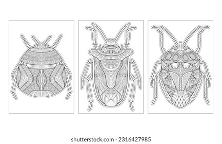 Handmade Line Art Bug Insect Theme Coloring Pages for Adults Graphic Design Template. Relaxing Page. Stress Relief Vector for Coloring.