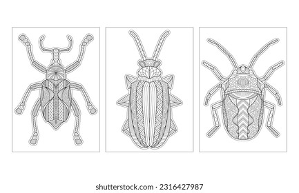 Handmade Line Art Bug Insect Theme Coloring Pages for Adults Graphic Design Template. Relaxing Page. Stress Relief Vector for Coloring.