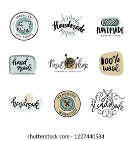 Handmade line vintage logo set. Handmade retro badges or handmade outline labels. Knitwear and sewing symbols. Vector illustration Lettiring, typographic labels