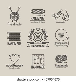 Handmade line vintage logo set. Handmade retro badges or handmade outline labels. Knitwear and sewing symbols. Vector illustration