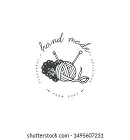 Handmade linear badge or outline label. Knitwear and sewing symbol. Vector illustration