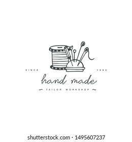 Handmade linear badge or outline label. Knitwear and sewing symbol. Vector illustration