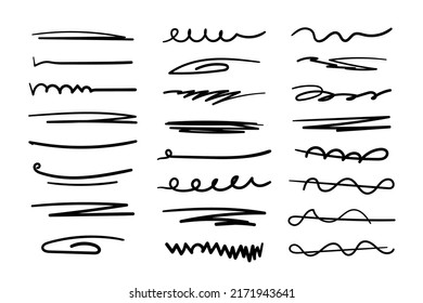 Conjunto de líneas hechas a mano, líneas de pincel, subrayado. Colección dibujada a mano del estilo de doodle de varias formas. Leyendo elementos artísticos. Aislado. Ilustración del vector