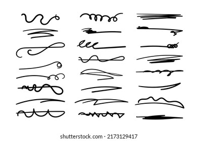 Handmade lines set, brush lines, underlines. Hand-drawn collection of doodle style various shapes. Lettering art elements. Isolated. Vector illustration