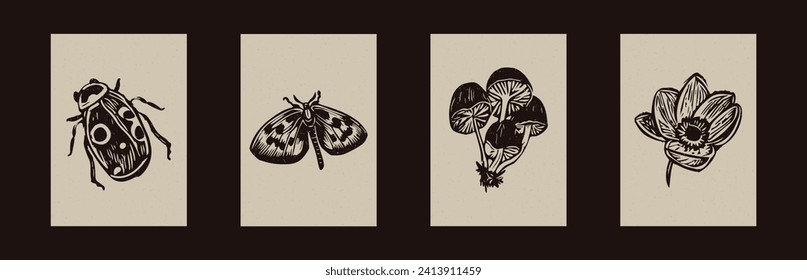 Handmade linocut bug, butterfly motif clipart in folkart scandi style. Set of simple monochrome block print mushroom flower shapes with woodcut paper texture effect.