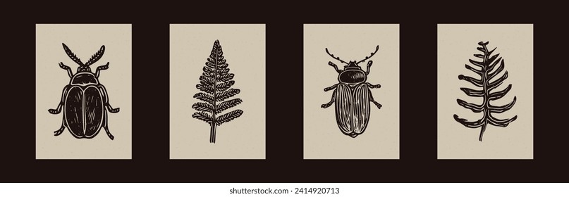 Handmade linocut bug fern vector motif clipart in folkart scandi style. Set of simple monochrome block print insect shapes with woodcut paper texture effect.