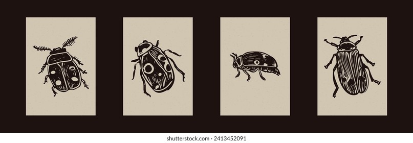 Handmade linocut bug motif clipart in folkart scandi style. Set of simple monochrome block print insect shapes with woodcut paper texture effect.