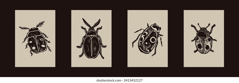 Linocut hecho a mano motif clipart en el estilo folkart scandi. Conjunto de formas simples de insectos en bloques monocromáticos con efecto de textura de papel de carpintería.