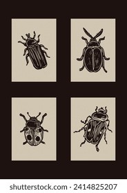 Linocut hecho a mano motif clipart en el estilo de vector folkart scandi. Conjunto de formas simples de insectos en bloques monocromáticos con efecto de textura de papel de carpintería.