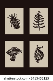 Handmade linocut bug mushroom motif clipart in folkart scandi style. Set of simple monochrome block print leaf and snail shapes with woodcut paper texture effect collection. 