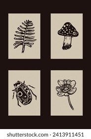 Handmade linocut bug, mushroom motif clipart in folkart scandi style. Set of simple monochrome block print flower fern shapes with woodcut paper texture effect.