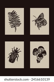 Handmade linocut bug, mushroom motif vector clipart in folkart scandi style. Set of simple monochrome block print butterfly fern shapes with woodcut paper texture effect.