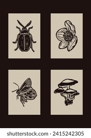 Handmade linocut bug, mushroom vector motif clipart in folkart scandi style. Set of simple monochrome block print butterfly flower shapes with woodcut paper texture effect.