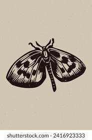 Handmade linocut butterfly motif clipart in folkart scandi style. Simple monochrome block print insect shapes with woodcut paper texture effect. 