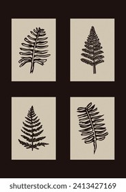 Handmade linocut fern motif clipart in folkart scandi style. Set of simple monochrome block print leaf shapes with woodcut paper texture effect collection. 