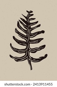 Handmade linocut fern motif clipart in folkart scandi style. Simple monochrome block print leaf shapes with woodcut paper texture effect. 