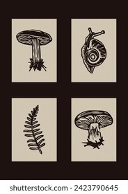 Handmade linocut fern mushroom vector snail motif clipart in folkart scandi style. Simple monochrome block print shapes with woodcut paper texture effect. 