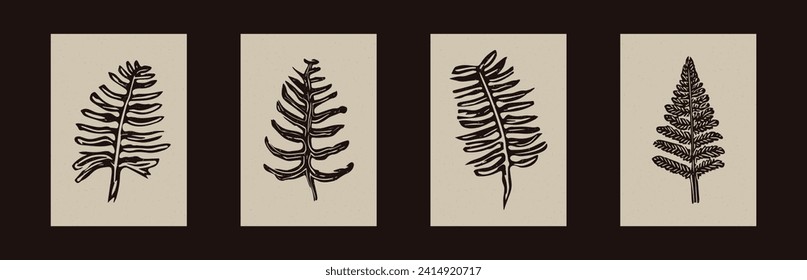 Handmade linocut fern vector motif clipart in folkart scandi style. Set of simple monochrome block print leaf shapes with woodcut paper texture effect collection. 