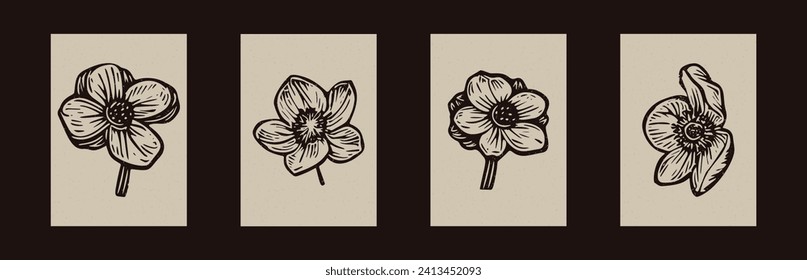 Handmade linocut floral motif clipart in folkart scandi style. Set of simple monochrome block print shapes with woodcut paper texture effect.