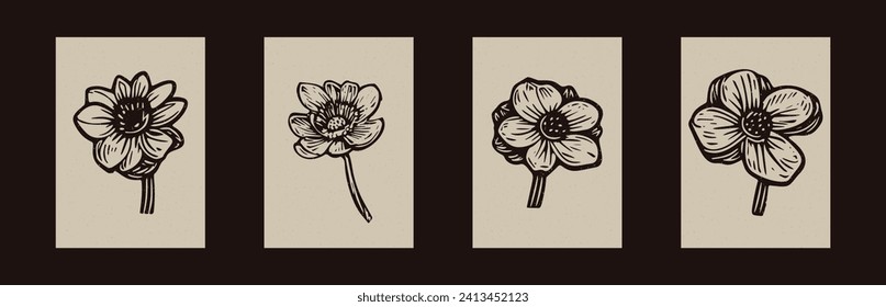 Handmade linocut floral motif clipart in folkart scandi style. Set of simple monochrome block print shapes with woodcut paper texture effect.