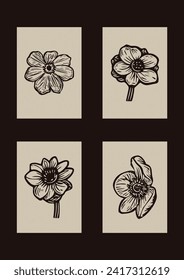 Handmade linocut floral motif clipart in folkart scandi style. Set of simple monochrome block print shapes with woodcut paper texture effect.