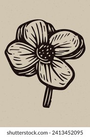 Handmade linocut flower motif clipart in folkart scandi style. Simple monochrome block print floral shapes with woodcut paper texture effect. 