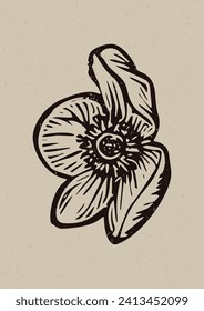 Handmade linocut flower motif clipart in folkart scandi style. Simple monochrome block print floral shapes with woodcut paper texture effect. 