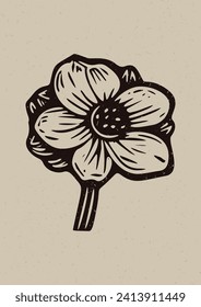 Handmade linocut flower motif clipart in folkart scandi style. Simple monochrome block print floral shapes with woodcut paper texture effect. 