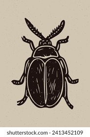 Handmade linocut insect motif clipart in folkart scandi style. Simple monochrome block print bug shapes with woodcut paper texture effect.