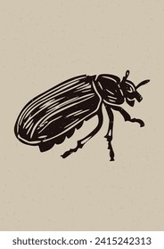 Handmade linocut insect motif vector clipart in folkart scandi style. Simple monochrome block print bug shapes with woodcut paper texture effect.