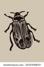 Handmade linocut insect motif vector clipart in folkart scandi style. Simple monochrome block print bug shapes with woodcut paper texture effect.