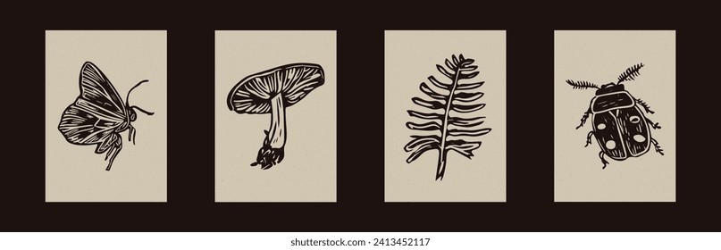 Handmade linocut mushroom bug motif clipart in folkart scandi style. Set of simple monochrome block print butterfly fern shapes with woodcut paper texture effect.