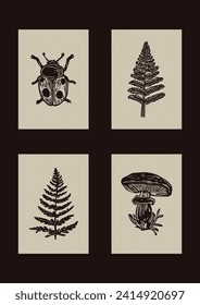 Handmade linocut mushroom bug vector motif clipart in folkart scandi style. Set of simple monochrome block print fern leaf shapes with woodcut paper texture effect.