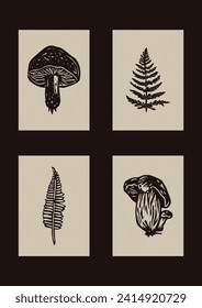 Handmade linocut mushroom fern motif vector clipart in folkart scandi style. Set of simple monochrome block print fern leaf shapes with woodcut paper texture effect.