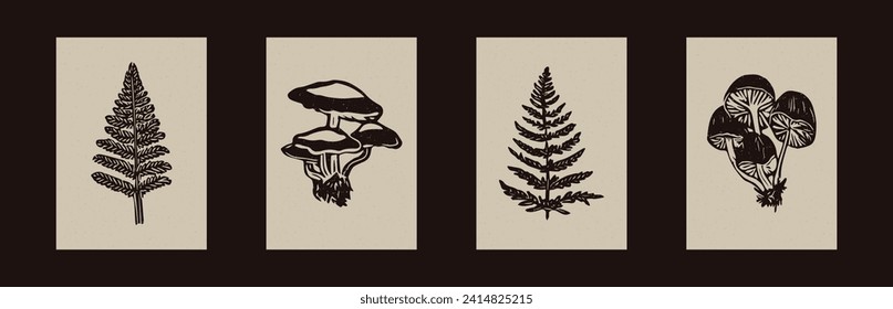 Handmade linocut mushroom fern vector motif clipart in folkart scandi style. Set of simple monochrome block print fern leaf shapes with woodcut paper texture effect.