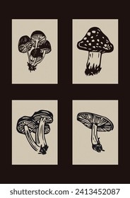 Handmade linocut mushroom motif clipart in folkart scandi style. Set of simple monochrome block print shapes with woodcut paper texture effect.