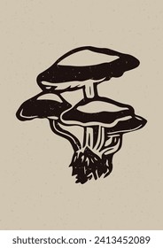 Handmade linocut mushroom motif clipart in folkart scandi style. Simple monochrome block print fungi shapes with woodcut paper texture effect. 