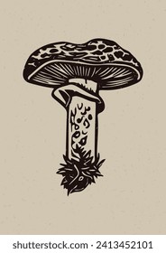 Handmade linocut mushroom motif clipart in folkart scandi style. Simple monochrome block print fungi shapes with woodcut paper texture effect. 