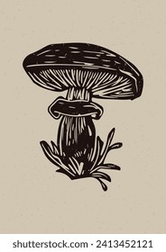 Handmade linocut mushroom motif clipart in folkart scandi style. Simple monochrome block print fungi shapes with woodcut paper texture effect. 