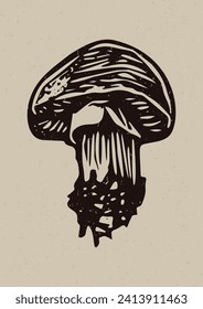 Handmade linocut mushroom motif clipart in folkart scandi style. Simple monochrome block print fungi shapes with woodcut paper texture effect. 