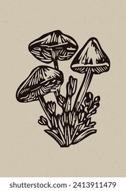 Handmade linocut mushroom motif clipart in folkart scandi style. Simple monochrome block print fungi shapes with woodcut paper texture effect. 