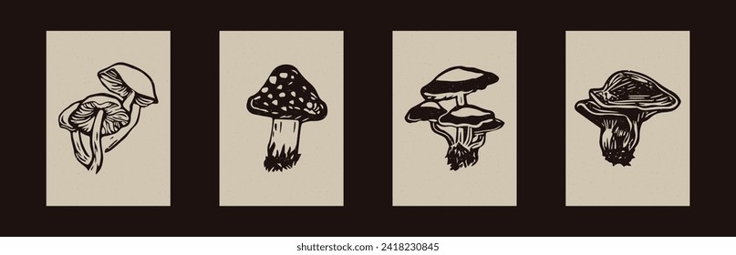 Handmade linocut mushroom motif vector clipart in folkart scandi style. Set of simple monochrome block print shapes with woodcut paper texture effect.