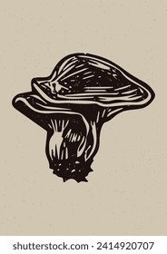 Handmade linocut mushroom vector motif clipart in folkart scandi style. Simple monochrome block print fungi shapes with woodcut paper texture effect. 