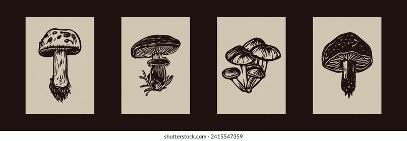 Handmade linocut mushroom vector motif clipart in folkart scandi style. Set of simple monochrome block print shapes with woodcut paper texture effect.