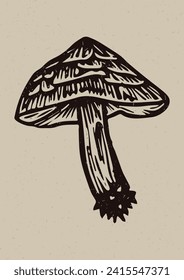 Handmade linocut mushroom vector motif clipart in folkart scandi style. Simple monochrome block print fungi shapes with woodcut paper texture effect. 