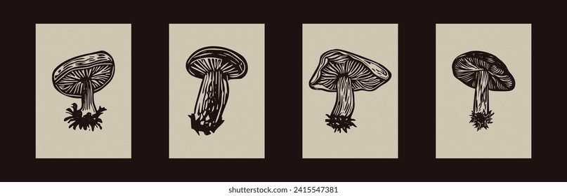 Handmade linocut mushroom vector motif clipart in folkart scandi style. Set of simple monochrome block print shapes with woodcut paper texture effect.